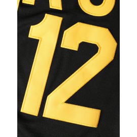 [Sporty] Men's #12 Black Baseball Jersey with Yellow Embroidery - V-Neck, Short Sleeve, Button-Up Shirt, Comfortable Polyester Fabric, Ideal for Training and Games