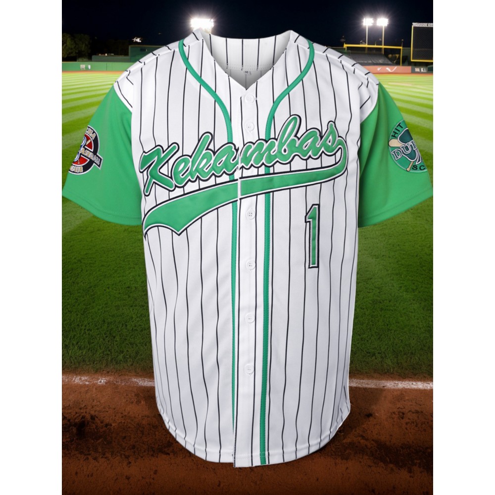 Men'S #1 White And Green Striped Baseball Jacket, Embroidered Short-Sleeve Baseball Jacket, V-Neck Loose Button-Up Shirt, Comfortable Top Suitable for Training And Games
