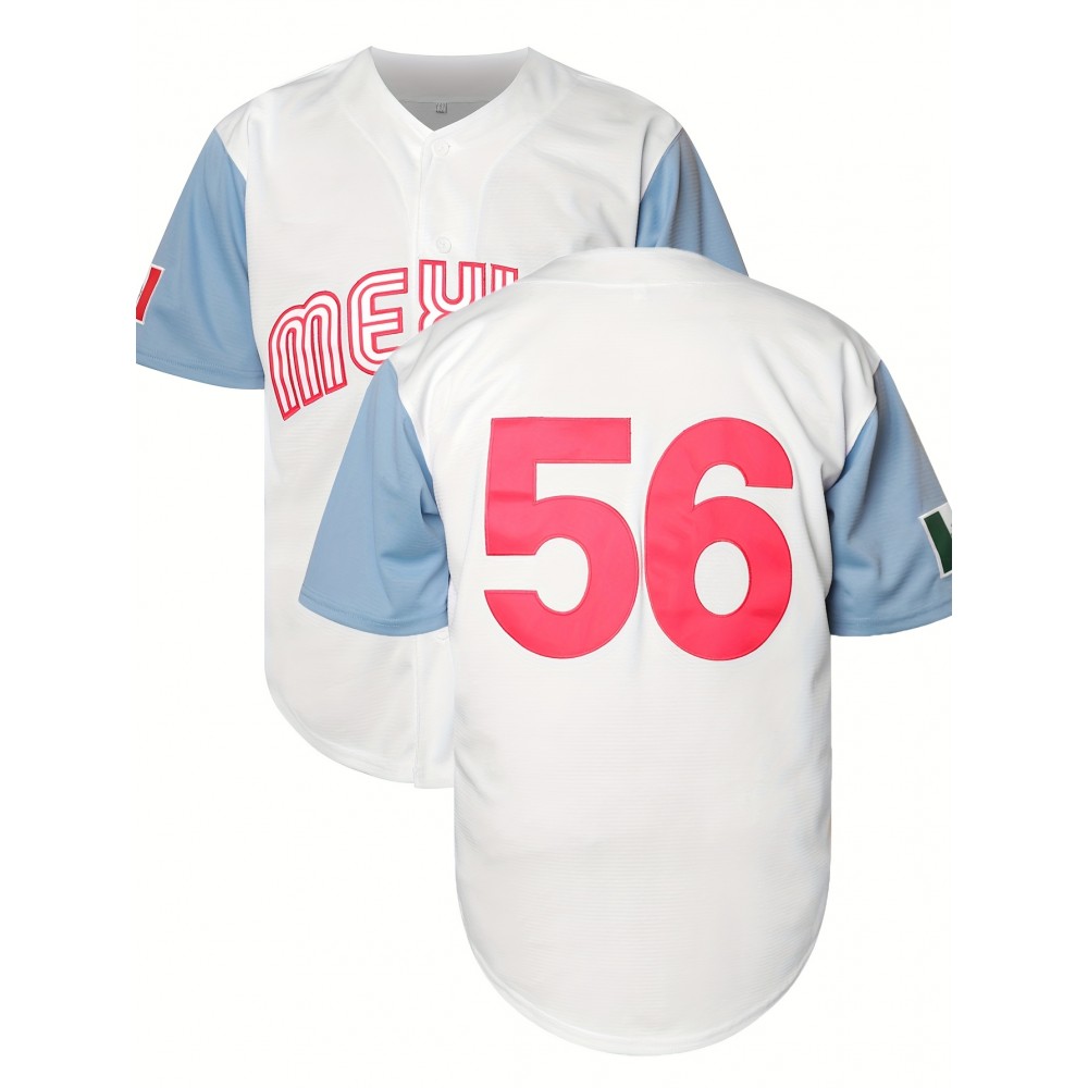 Men's Classic #56 Embroidered Baseball Jersey, Breathable Polyester, V-Neck, Short Sleeve - Ideal for Training & Competition, Machine Washable, White with Blue Accents