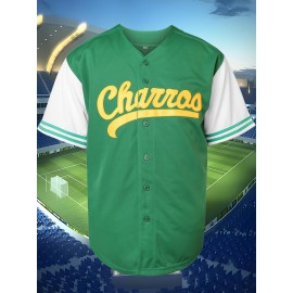 Men's Green Embroidered Polyester Baseball Shirt #55, V-Neck, Button Closure - Ideal for Spring, Summer, and Autumn Sports, Casual Wear Sizes S-XXXL