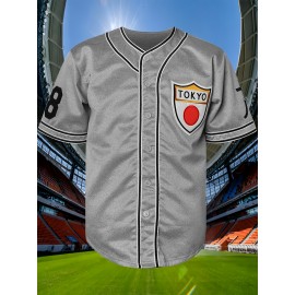 Men's Tokyo #18 Baseball Jersey, 100% Polyester V-Neck Sports Shirt, Letter & Number, Loose Fit for Casual & Team Activities, Spring/Summer/Fall - Sizes S-XXXL