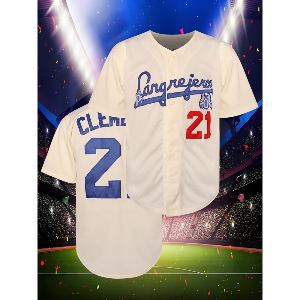 Men's Breathable Beige Baseball Jersey #21, V-neck Embroidered Polyester Sportswear for Team Sports, Beach, and Casual Wear, Loose Knit Fabric, Sizes S-3XL