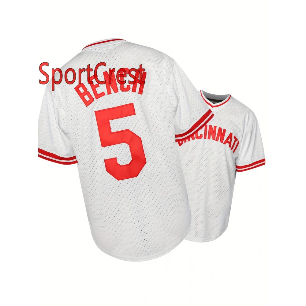 Men's Retro Baseball Jersey - White #5 Embroidered Cincinnati Team Name & Red Stitching, Loose Fit V-Neck Button-Up Short Sleeve, All-Season Machine Washable Polyester Shirt for Sports, Casual & Holidays (Sizes S-3XL), Best for Christmas