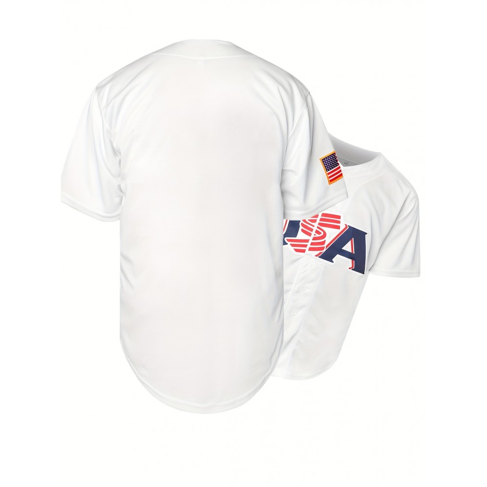 Men's White Polyester Baseball Jersey | USA Embroidered V-Neck | Multi-Season Sports & Casual Wear | Machine Washable | Breathable, Loose Fit | Ideal for Outdoor Activities & Festive Occasions
