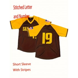 19 Brown Breathable Embroidered Football Jersey - Casual V-Neck Sports Shirt For Outdoor Activities & Parties, Sizes S-XXXL