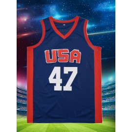 [Outdoor Adventures] Men's #47 USA Basketball Jersey - Patriotic Blue & Red, Breathable Polyester Mesh, Sleeveless Sports Top with 