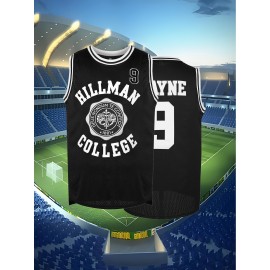 Men's #9 Embroidered Basketball Jersey - White & Red Hillman College Design, Loose Fit, Round Neck, S-3XL, Polyester Knit Fabric for Sports & Casual Wear, Outdoor Activewear | Loose Fit Jersey | Embroidered Detailing