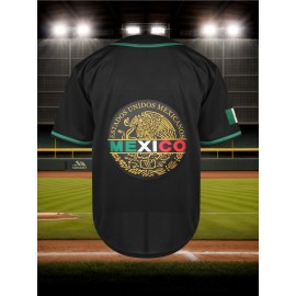 Men's MEXICO Embroidered Baseball Jersey - V-Neck, Button-Up Shirt for Games, Parties & Training - Breathable Polyester, Machine Washable