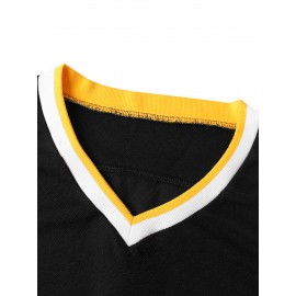 Men's Colorblock Ice Hockey Sweater, Loose Embroidered Long Sleeve, Sporty, Fashionable Casual, Breathable Streetwear