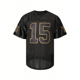 Men's #15 Embroidered Black Football Jersey - V-Neck, Breathable Mesh & Polyester, Short Sleeve Sports Shirt for Parties, Outdoor Activities & Casual Wear, Sizes S-XXXL, Outdoor Activewear|Embroidered Sports Shirt|Quality Embroidery