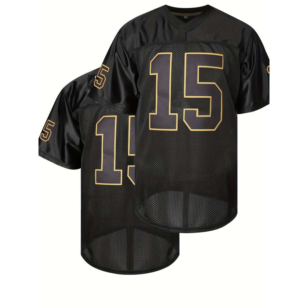 Men's #15 Embroidered Black Football Jersey - V-Neck, Breathable Mesh & Polyester, Short Sleeve Sports Shirt for Parties, Outdoor Activities & Casual Wear, Sizes S-XXXL, Outdoor Activewear|Embroidered Sports Shirt|Quality Embroidery