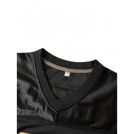 Men's #15 Embroidered Black Football Jersey - V-Neck, Breathable Mesh & Polyester, Short Sleeve Sports Shirt for Parties, Outdoor Activities & Casual Wear, Sizes S-XXXL, Outdoor Activewear|Embroidered Sports Shirt|Quality Embroidery