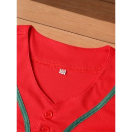 Men's #7 Red Embroidered Baseball Jersey - V-Neck, Short Sleeve, Loose Button-Up Shirt, Comfortable Polyester Fabric, Ideal for Training & Games, Training Apparel|Embroidered Shirt|Comfortable Fit