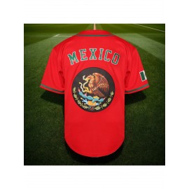 Men'S Polyester Baseball Jersey, Mexico-Themed Embroidered V-Neck, Slight Stretch Knit Fabric, Four Seasons Sports Shirt, for Casual, Training, Baseball, and Team Sports Events