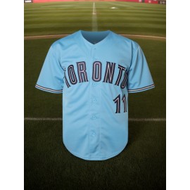 Men'S #11 Blue Baseball Jersey, Embroidered Short-Sleeve Baseball Jersey, V-Neck Loose Button-Up Shirt, a Comfortable Top Suitable for Training And Games.