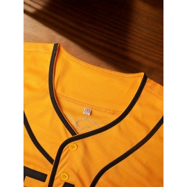 Men's #12 Yellow & Black Embroidered Baseball Jersey - V-Neck, Short Sleeve, Lightweight Polyester, Button-Up Shirt for Training & Games, Casual & Sports Wear