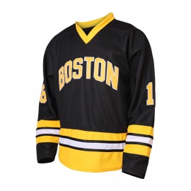 Men's #18 Embroidered Ice Hockey Jersey, Retro Striped V-Neck Long Sleeve Uniform Hockey Shirt for Training and Game