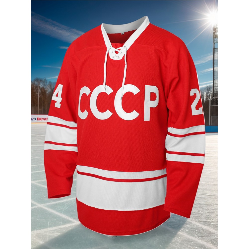 Men's Vintage #24 Embroidered Ice Hockey Jersey - Red and White, Breathable Polyester, Classic V-Neck Captain's Sweatshirt, Machine Washable, Ideal for Sports & Casual Wear