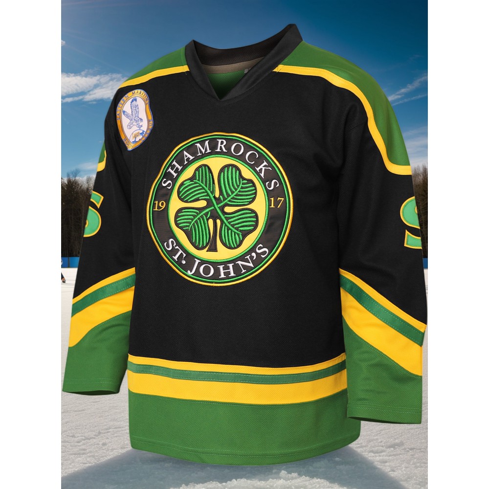Men's #3 Shamrock Embroidered Vintage Color Block Long Sleeve Ice Hockey Jersey - Breathable Polyester, Loose Fit V-Neck for Sports & Casual Wear
