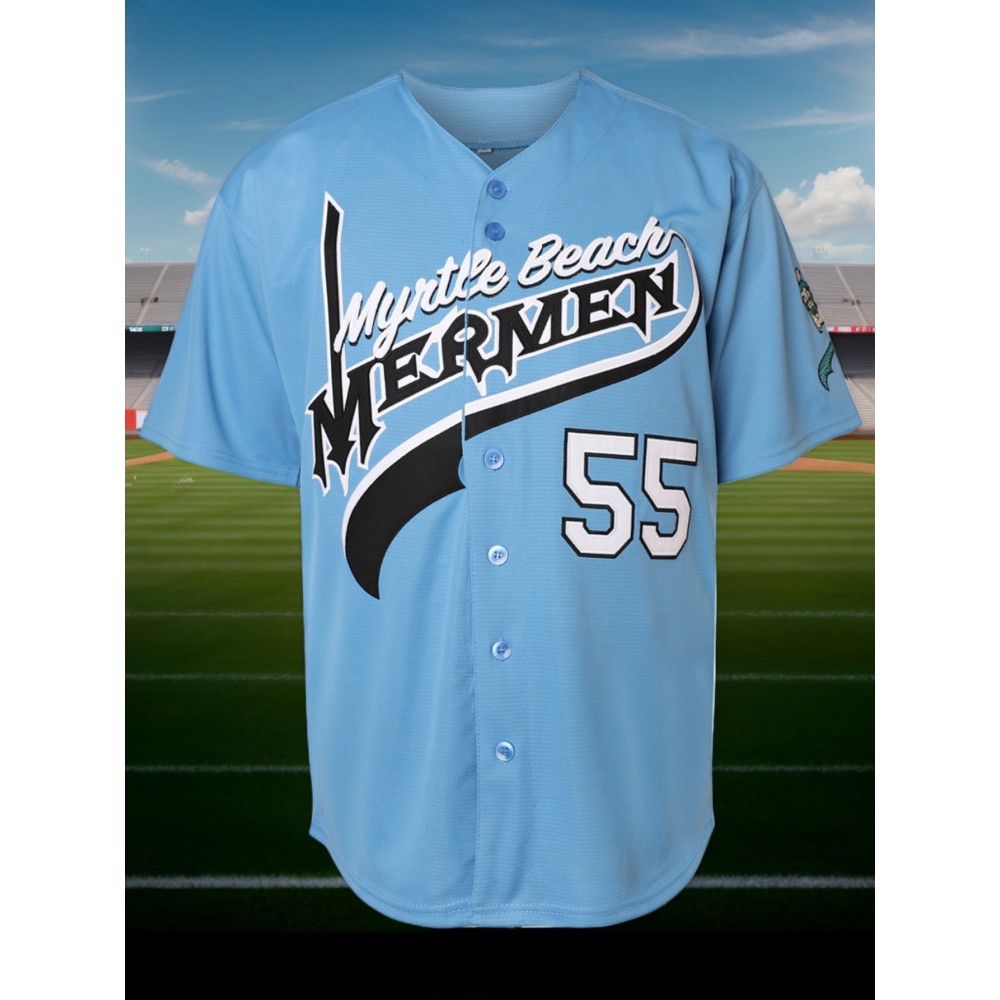 Men's #55 Blue Embroidered Baseball Jersey - V-Neck, Short Sleeve, Lightweight Polyester, Button-Up Shirt with 