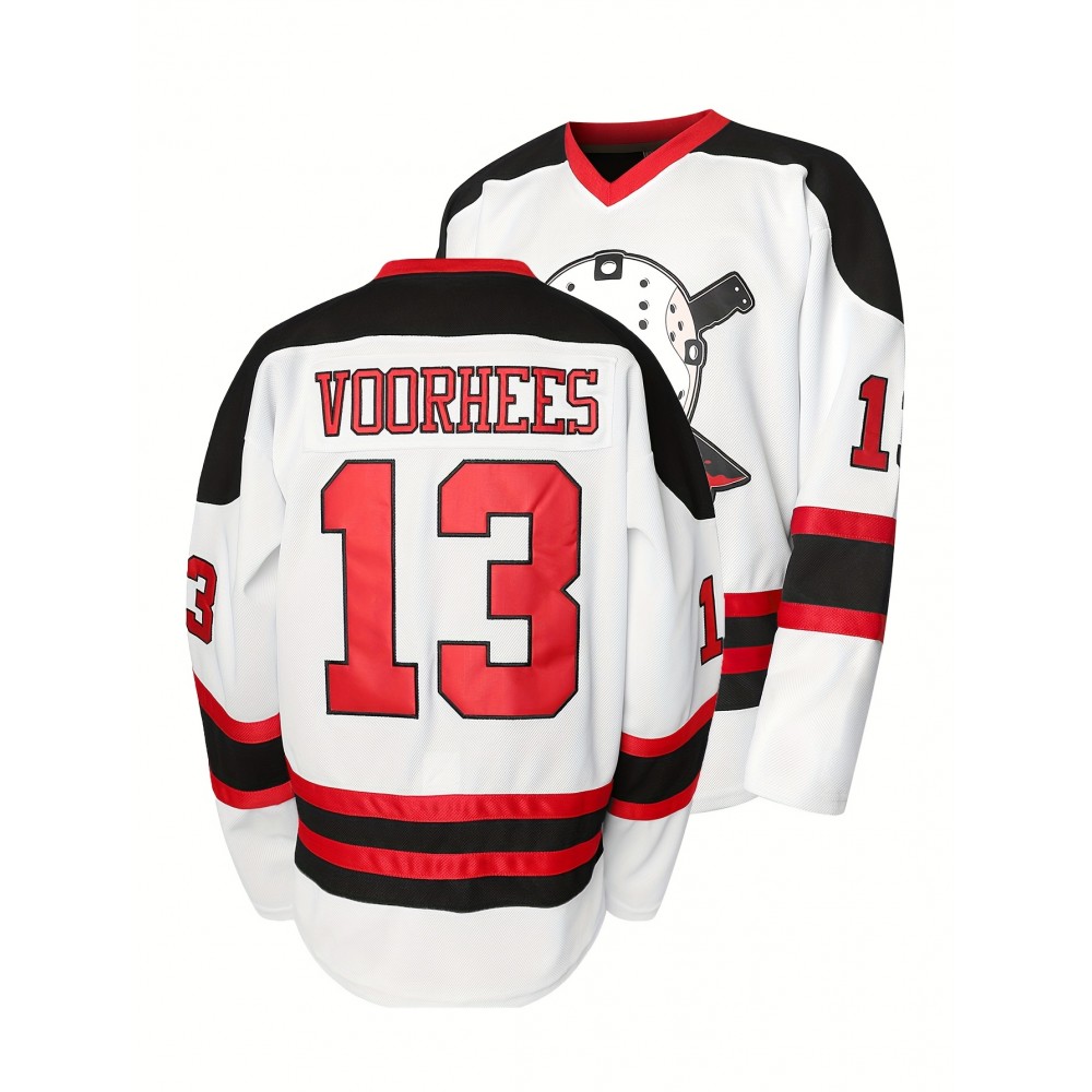 1pc Men'S Ice Hockey Jersey - #13 Voorhees Embroidered Polyester Sports Top, V-Neck Long Sleeve Loose-Fit, Slight Stretch Knit Fabric, for Party, Sports Events, Casual & Outdoor Activities - Four Seasons